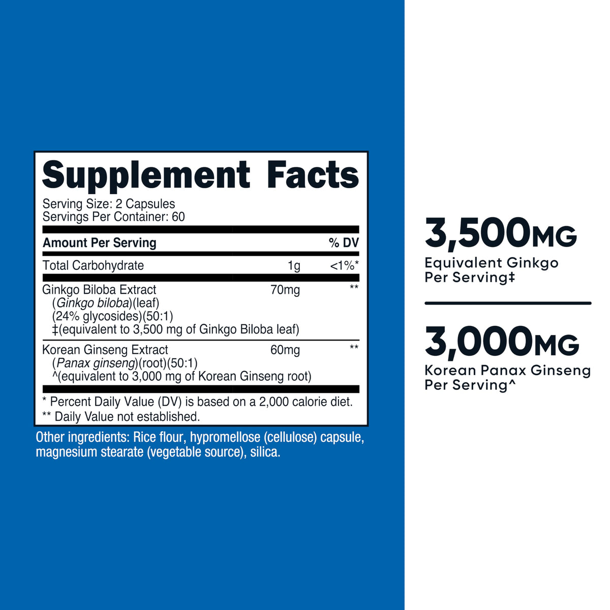 Nutricost Ginkgo + Ginseng ingrédients sur l'étiquette