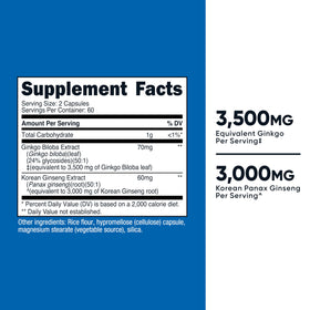 Nutricost Ginkgo + Ginseng ingrédients sur l'étiquette
