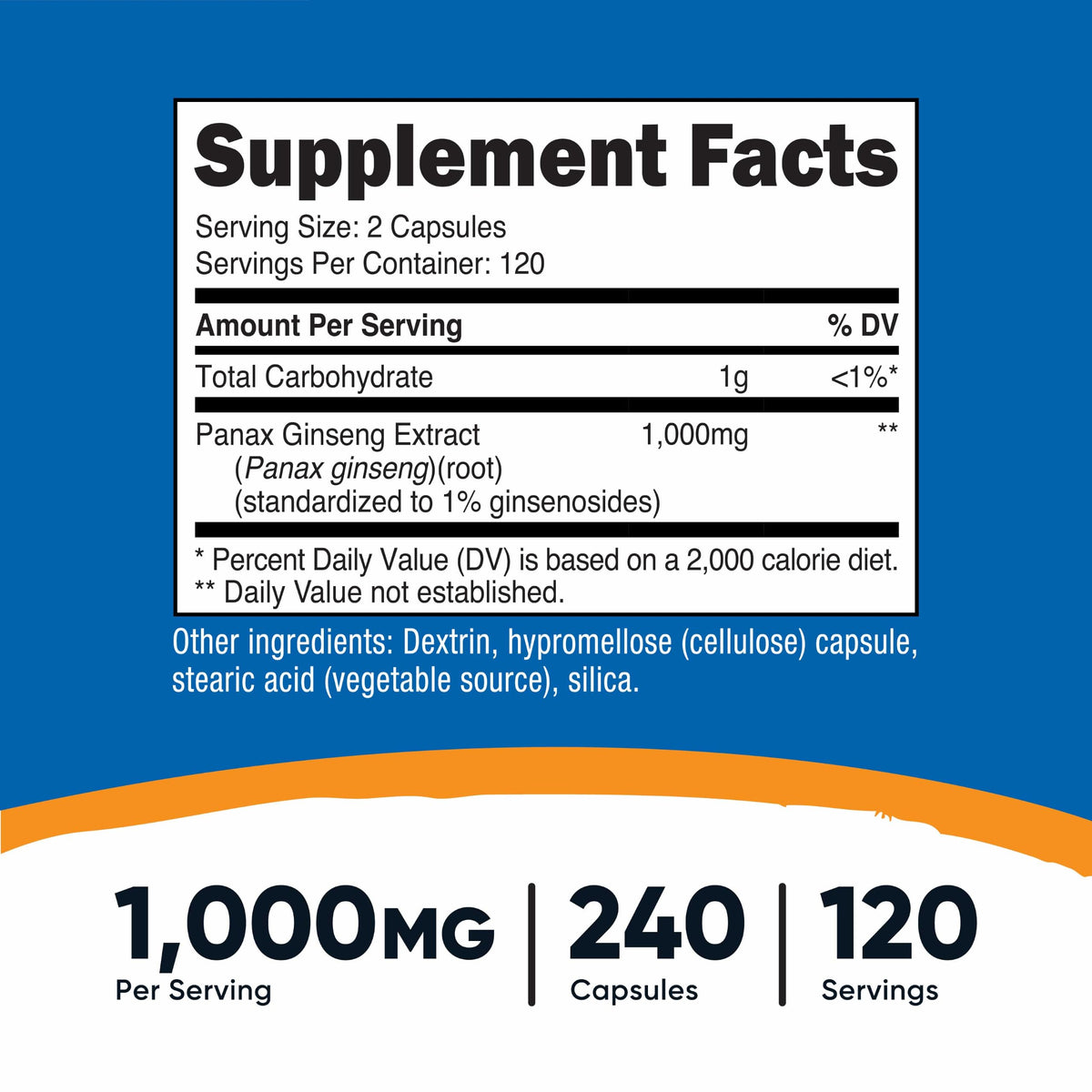 Nutricost Ginseng Panax 240 capsules avec étiquette détaillée
