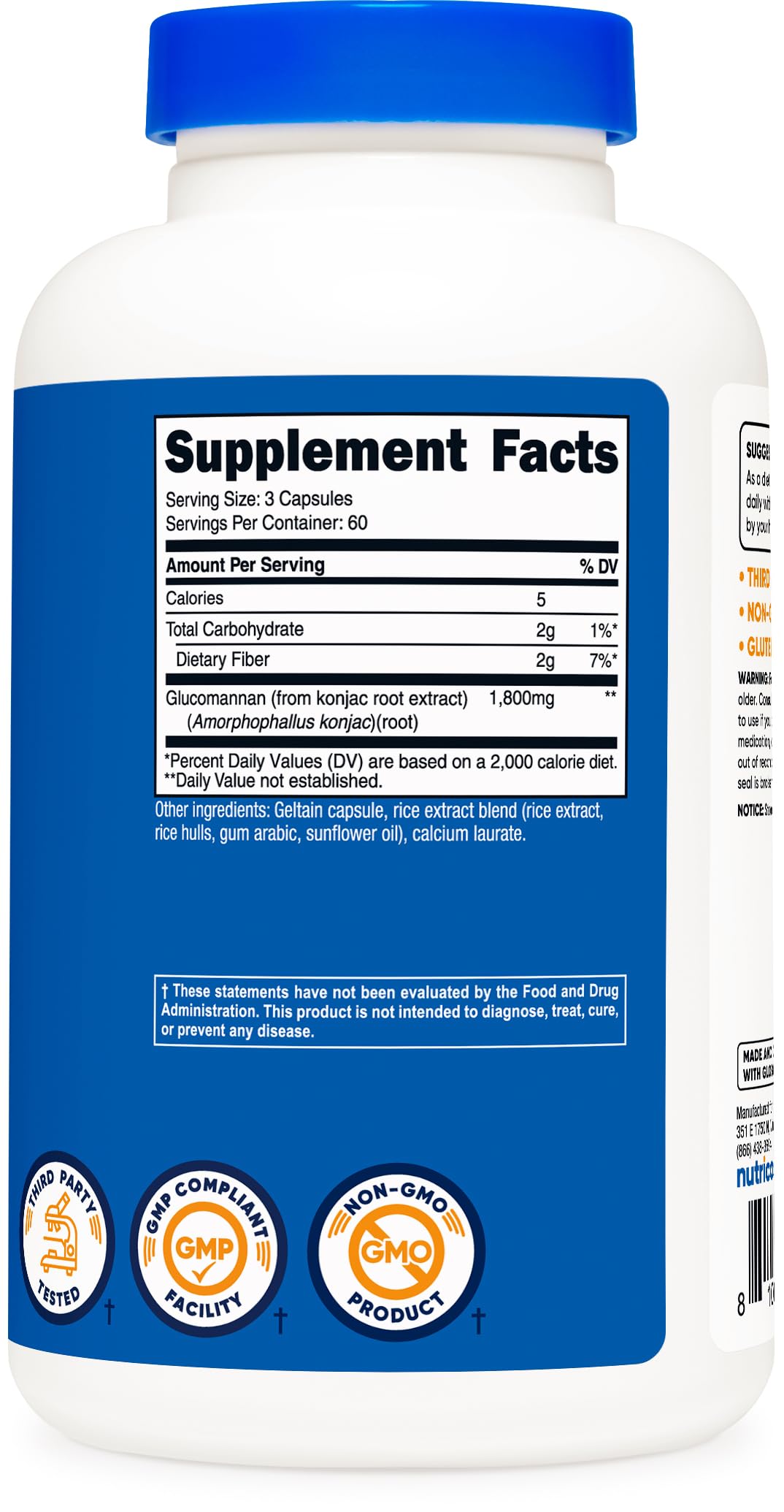 Nutricost Glucomannan 1 800 mg bouteille ouverte avec gélules