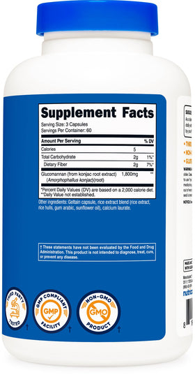 Nutricost Glucomannan 1 800 mg bouteille ouverte avec gélules