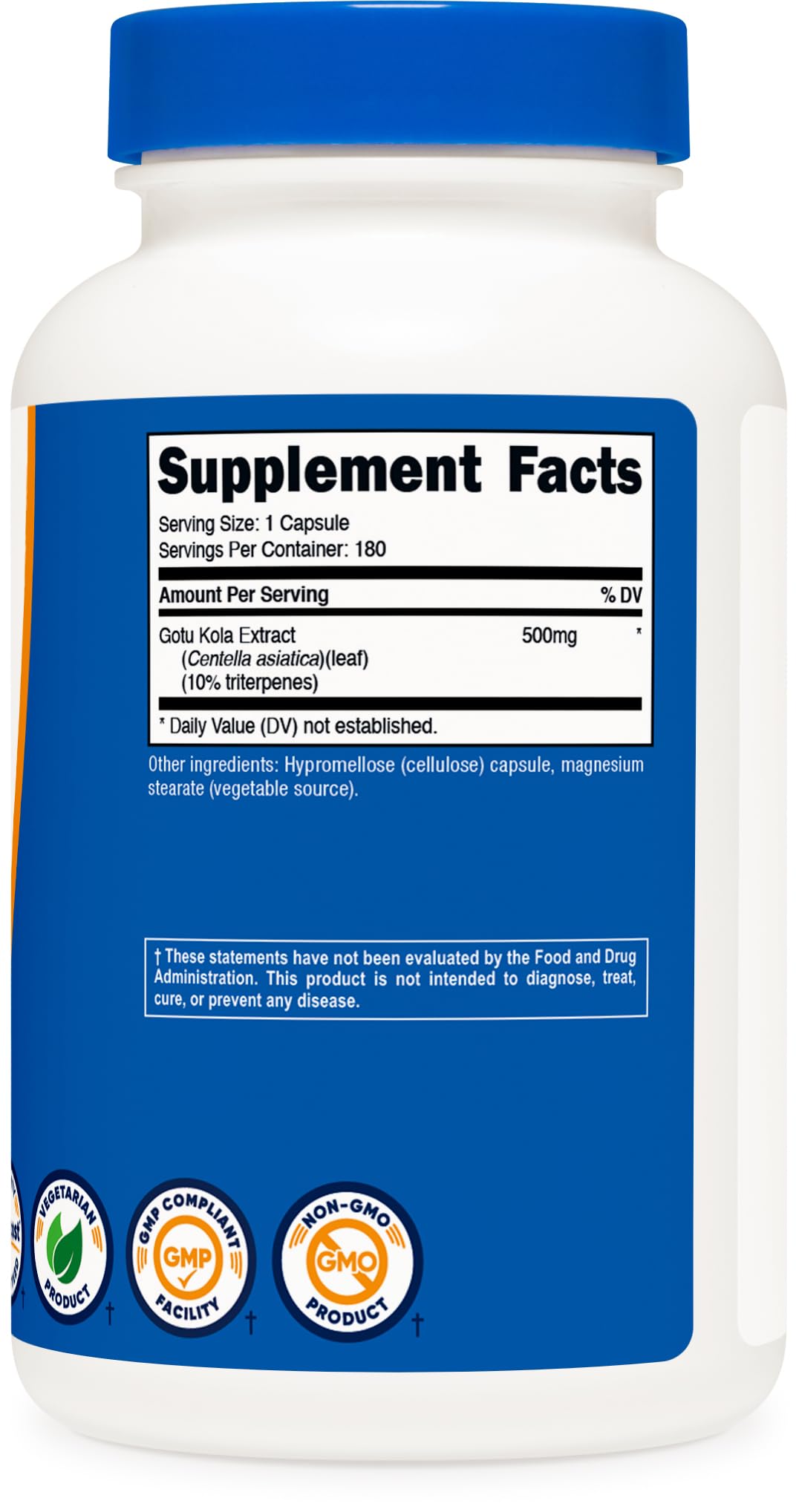 Nutricost Gotu Kola 180 capsules avec ingrédients visibles