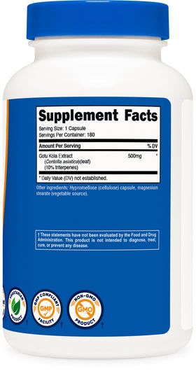 Nutricost Gotu Kola 180 capsules avec ingrédients visibles