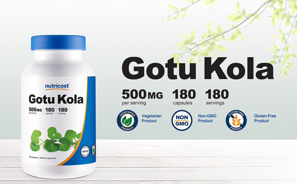 Nutricost Gotu Kola en vue latérale avec dosage visible