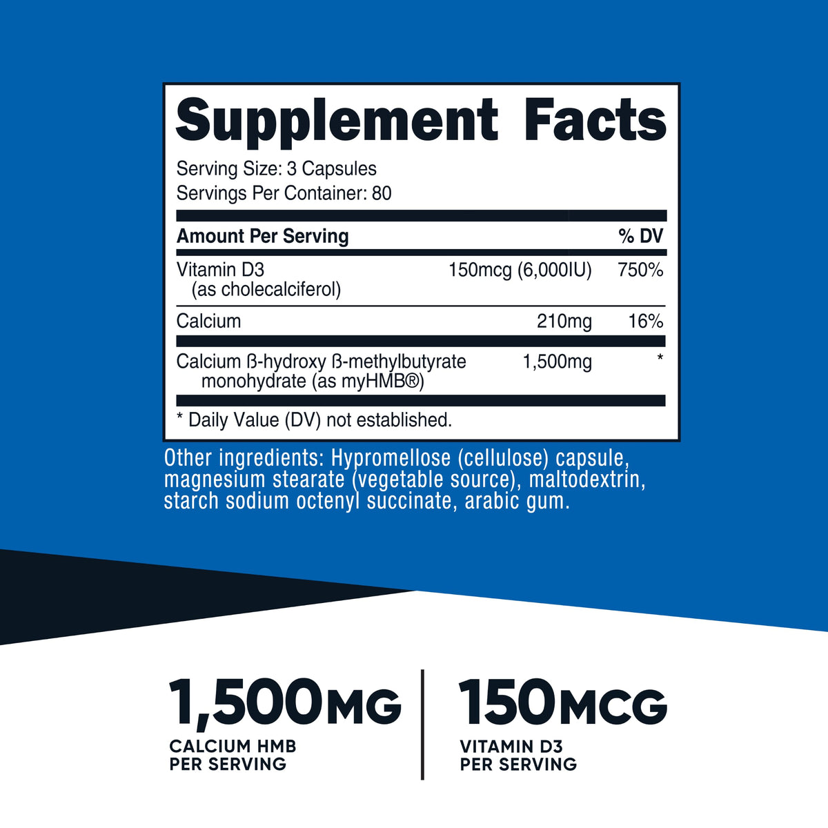 Nutricost HMB 1500mg et Vitamine D3 6000 UI capsules sur fond blanc