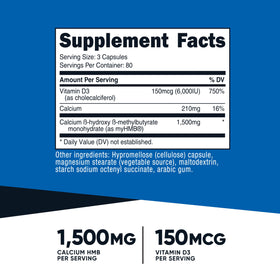 Nutricost HMB 1500mg et Vitamine D3 6000 UI capsules sur fond blanc