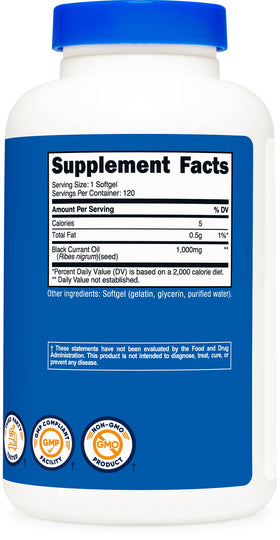 Nutricost Huile de Cassis 1000mg avec gélules sur une table en bois