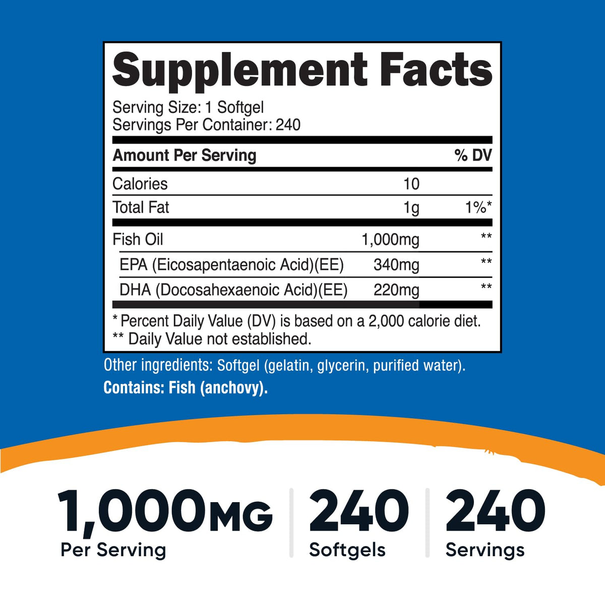 Nutricost Huile de Poisson Omega 3 240 capsules emballage