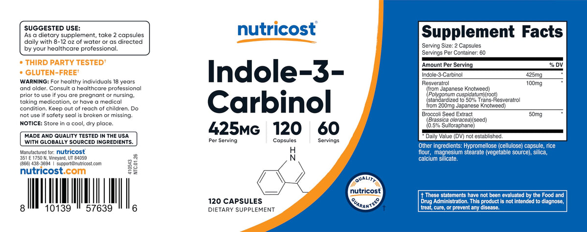 Nutricost Indole-3-Carbinol avec étiquette des ingrédients