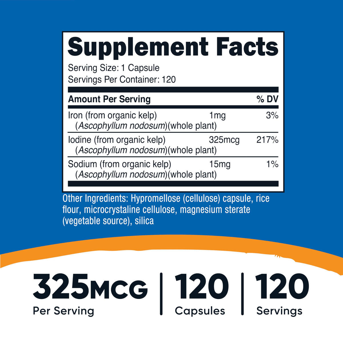 Nutricost Iode Naturel 120 capsules sur fond blanc