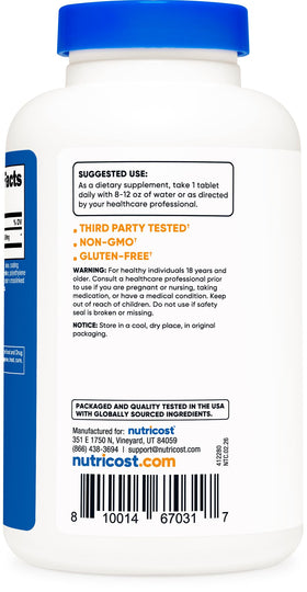 Nutricost L-Arginine 1000mg comprimés sur fond blanc