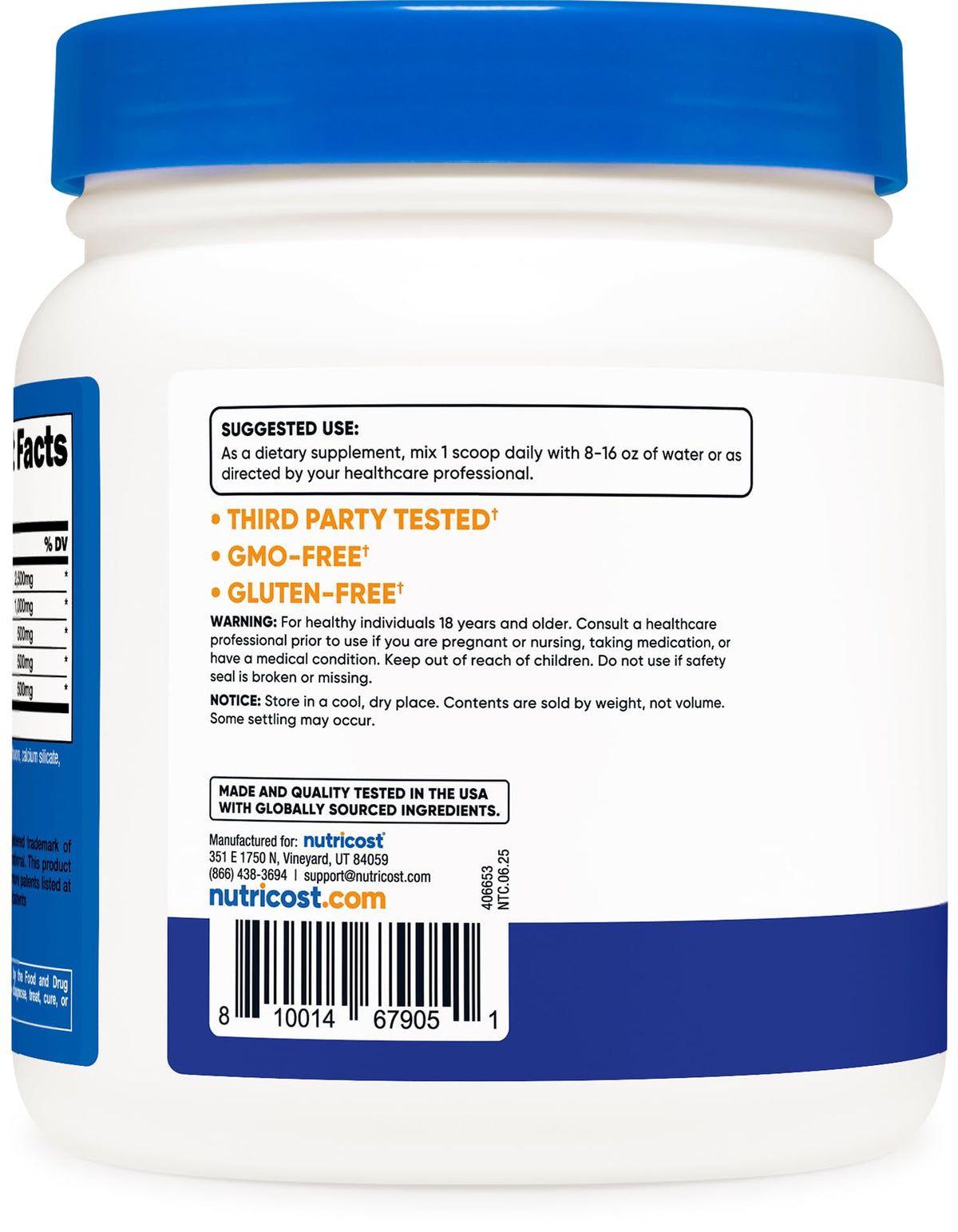 Nutricost L-Arginine Complex Framboise Bleue, étiquette avec informations nutritionnelles