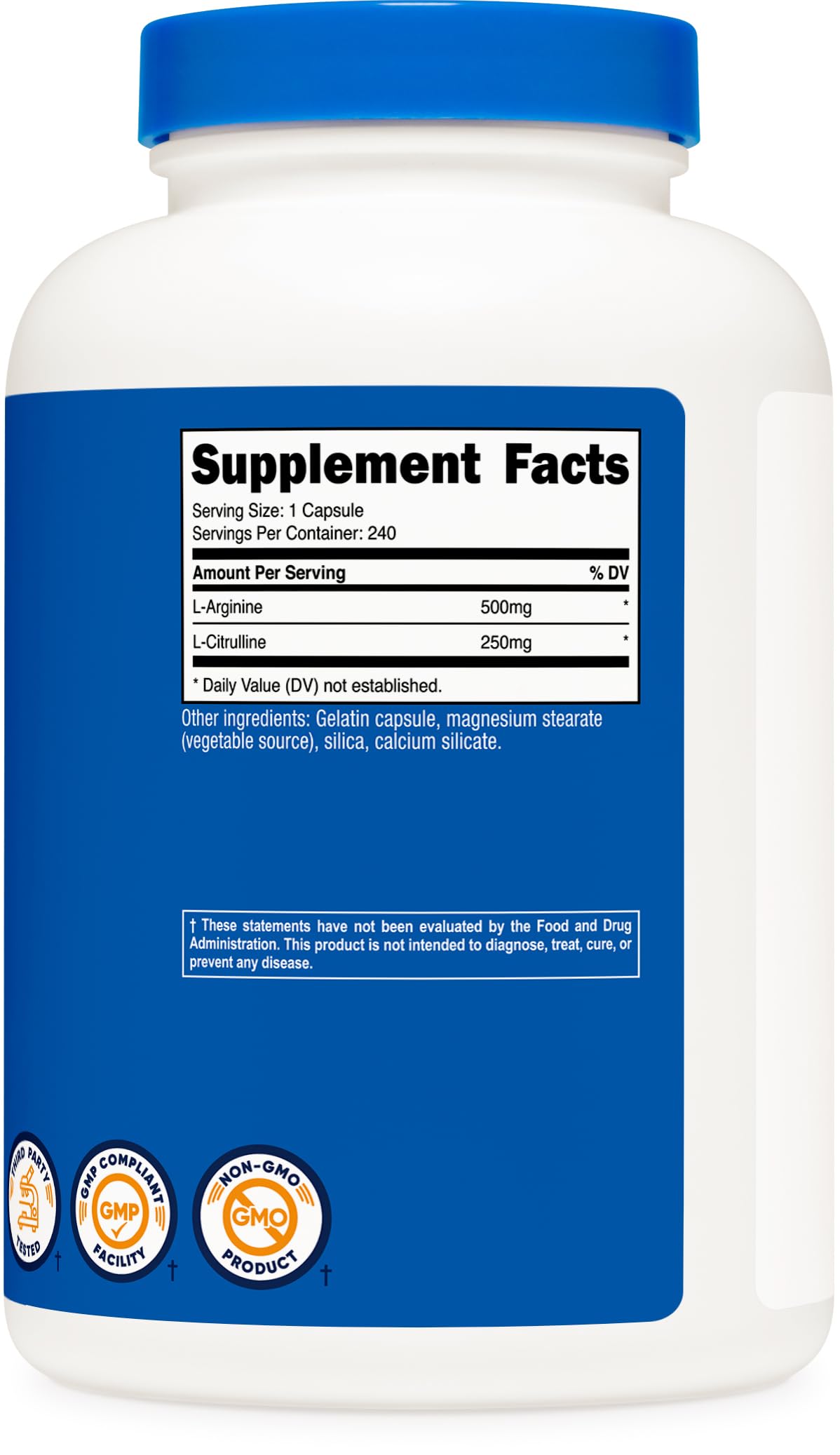 Nutricost L-Arginine L-Citrulline capsules on a wooden surface