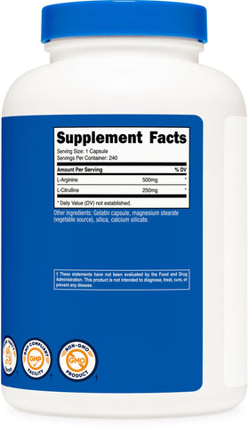 Nutricost L-Arginine L-Citrulline capsules on a wooden surface