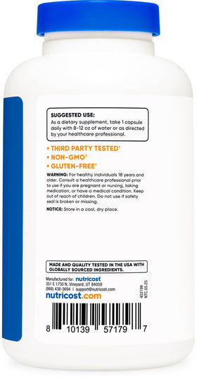 Nutricost L-Arginine L-Ornithine 750mg capsules in a hand