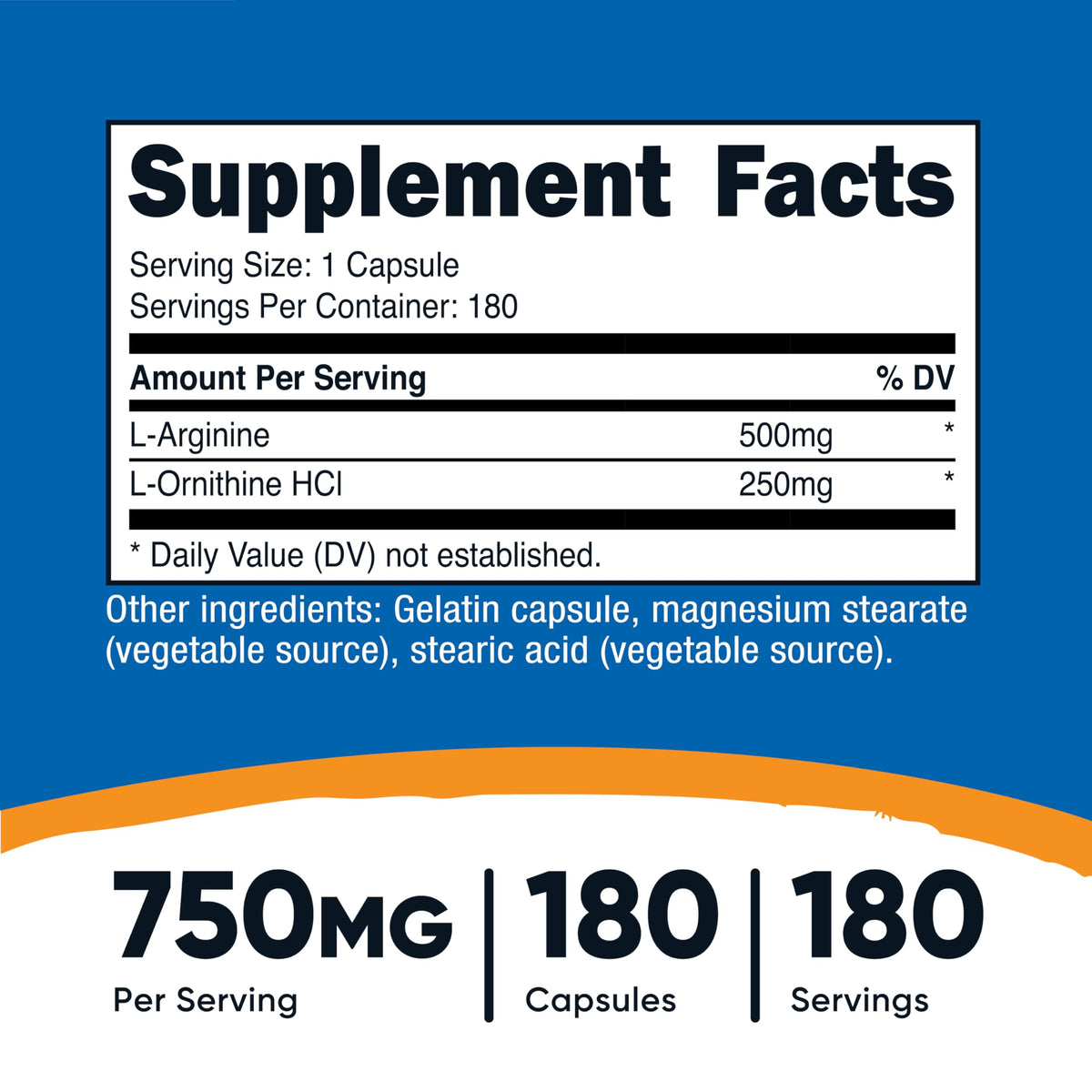 Nutricost L-Arginine L-Ornithine 750mg capsules side view