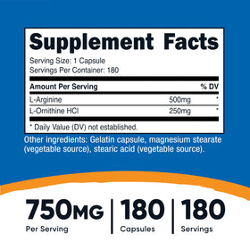 Nutricost L-Arginine L-Ornithine 750mg capsules side view