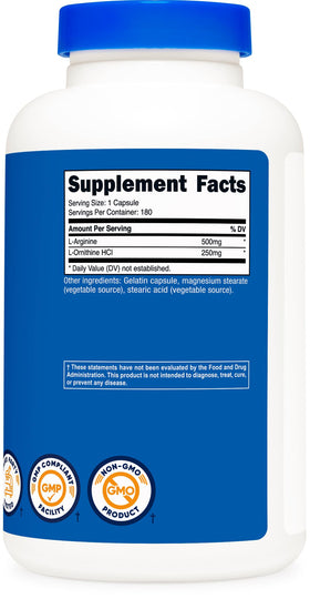 Nutricost L-Arginine L-Ornithine 750mg capsules with a measuring spoon