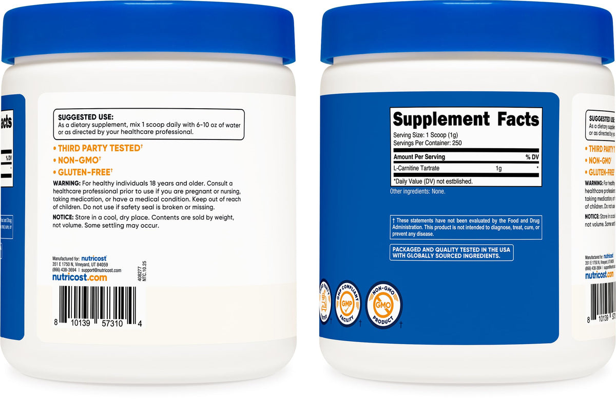Nutricost L-Carnitine Tartrate 250g, vue latérale