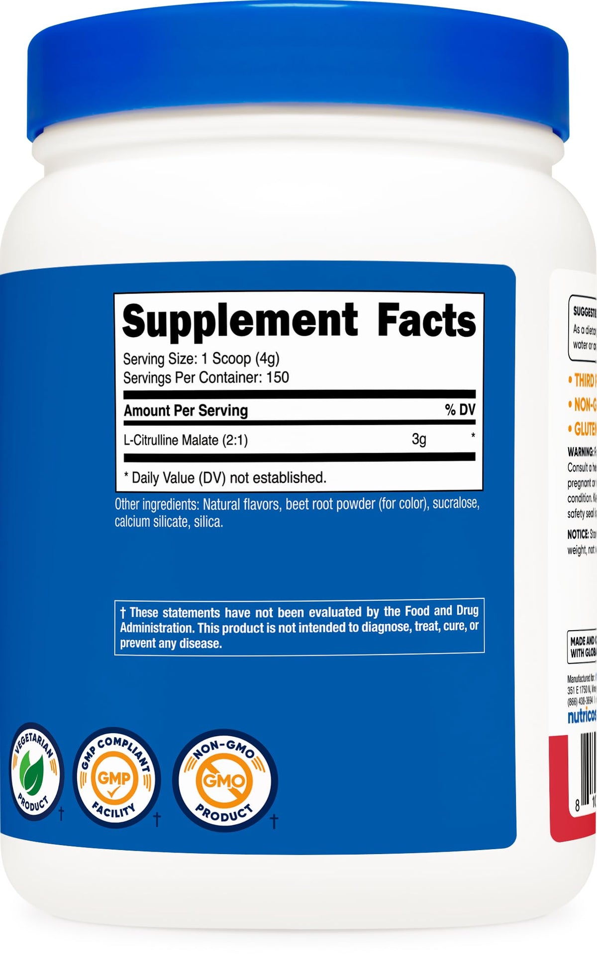 Nutricost L-Citrulline Malate 2:1 600g vue de côté