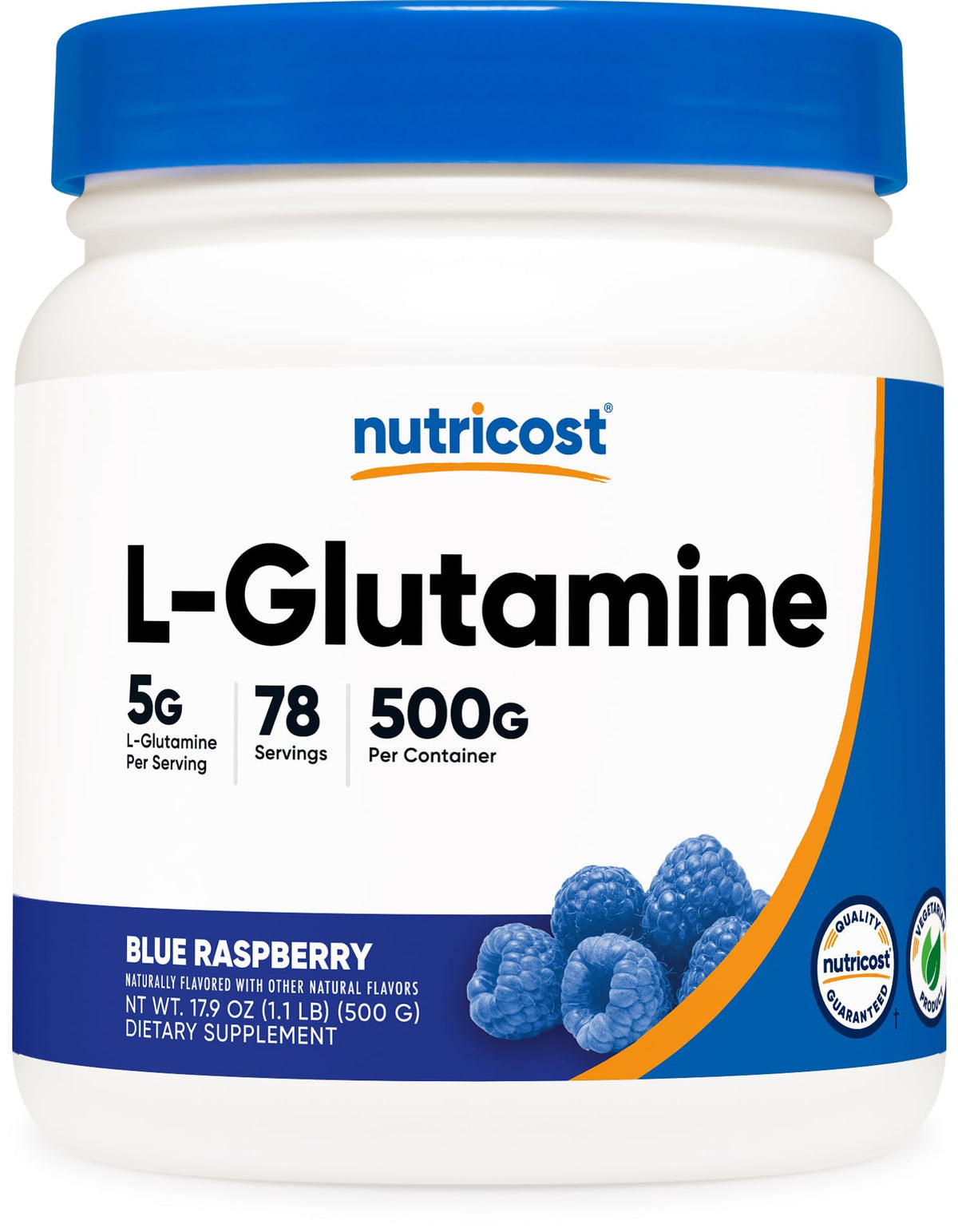 Nutricost L-Glutamine Poudre 500g Saveur Framboise Bleue vue de face
