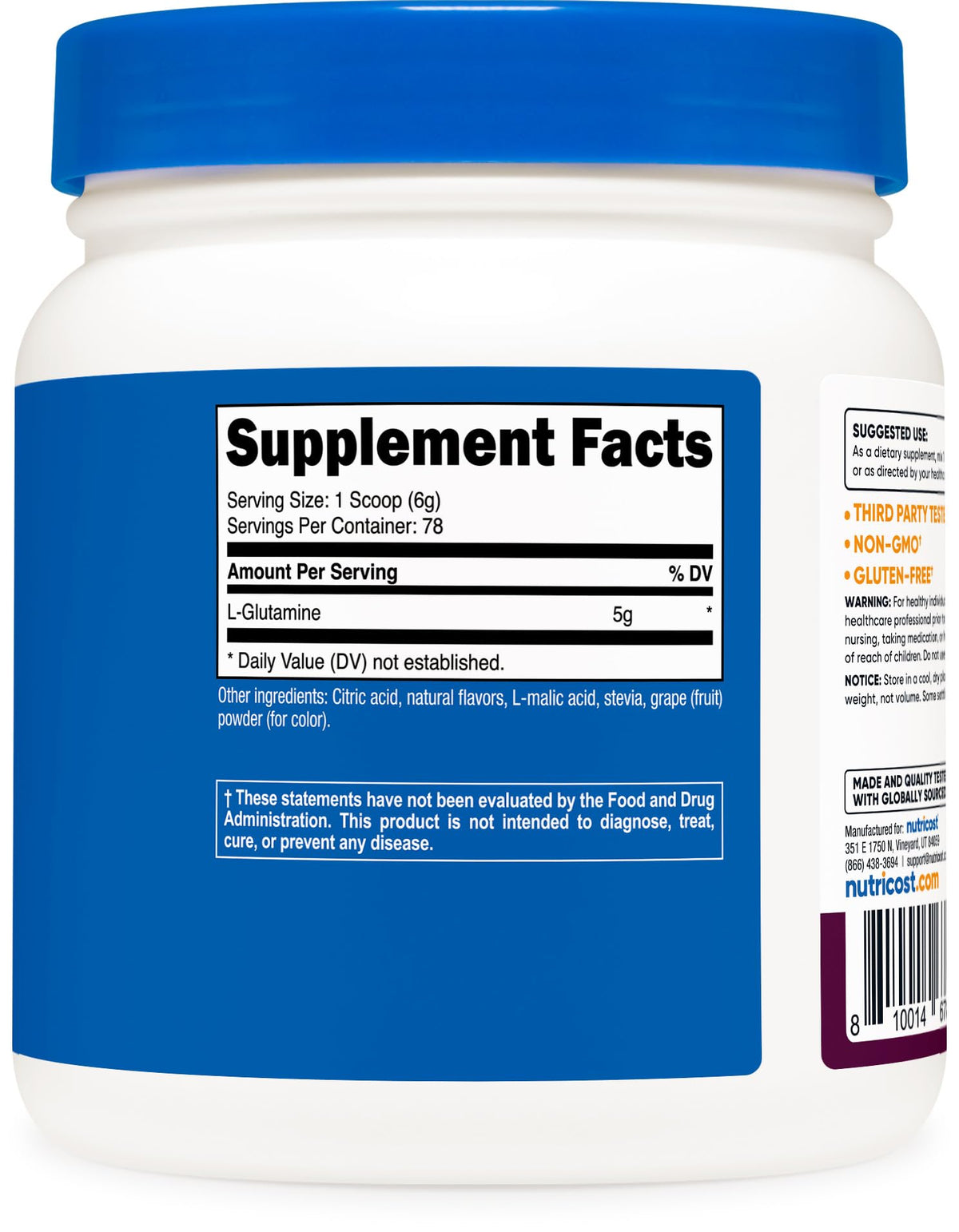 Nutricost L-Glutamine Poudre 500g saveur framboise citron avec étiquettes