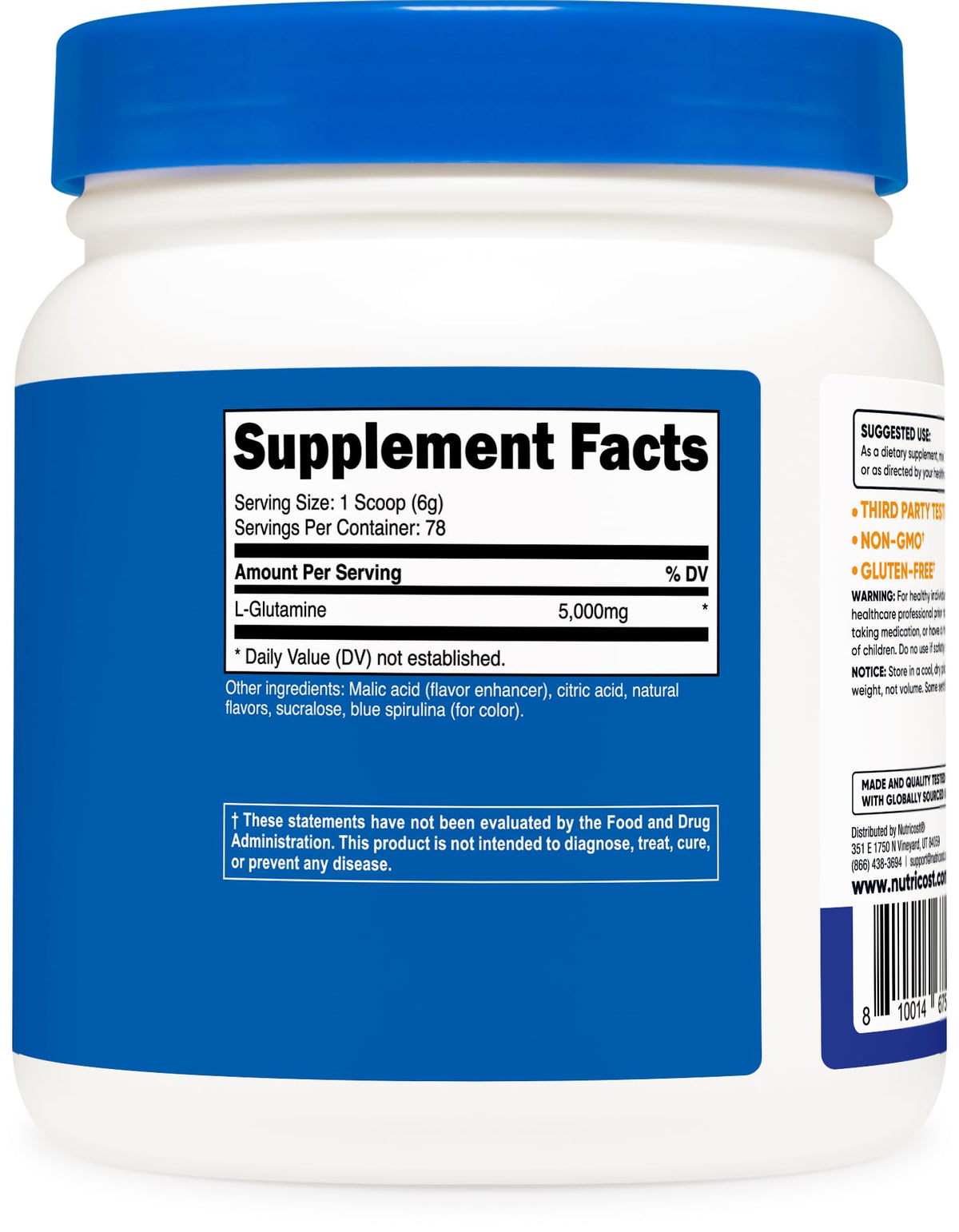 Nutricost L-Glutamine Poudre 500g sur une table avec des ingrédients