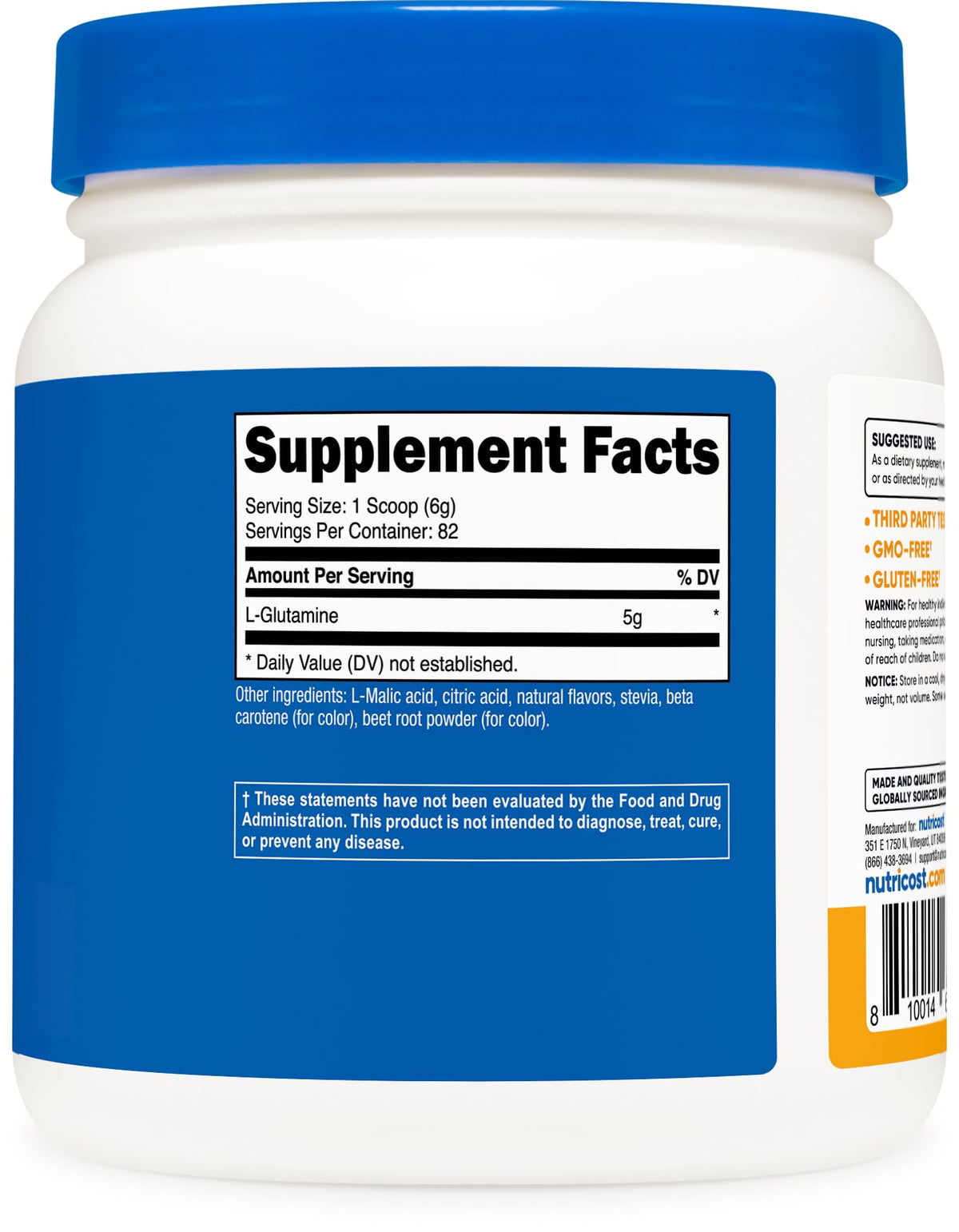 Nutricost L-Glutamine Poudre Pêche Mangue 500 g avec cuillère doseuse