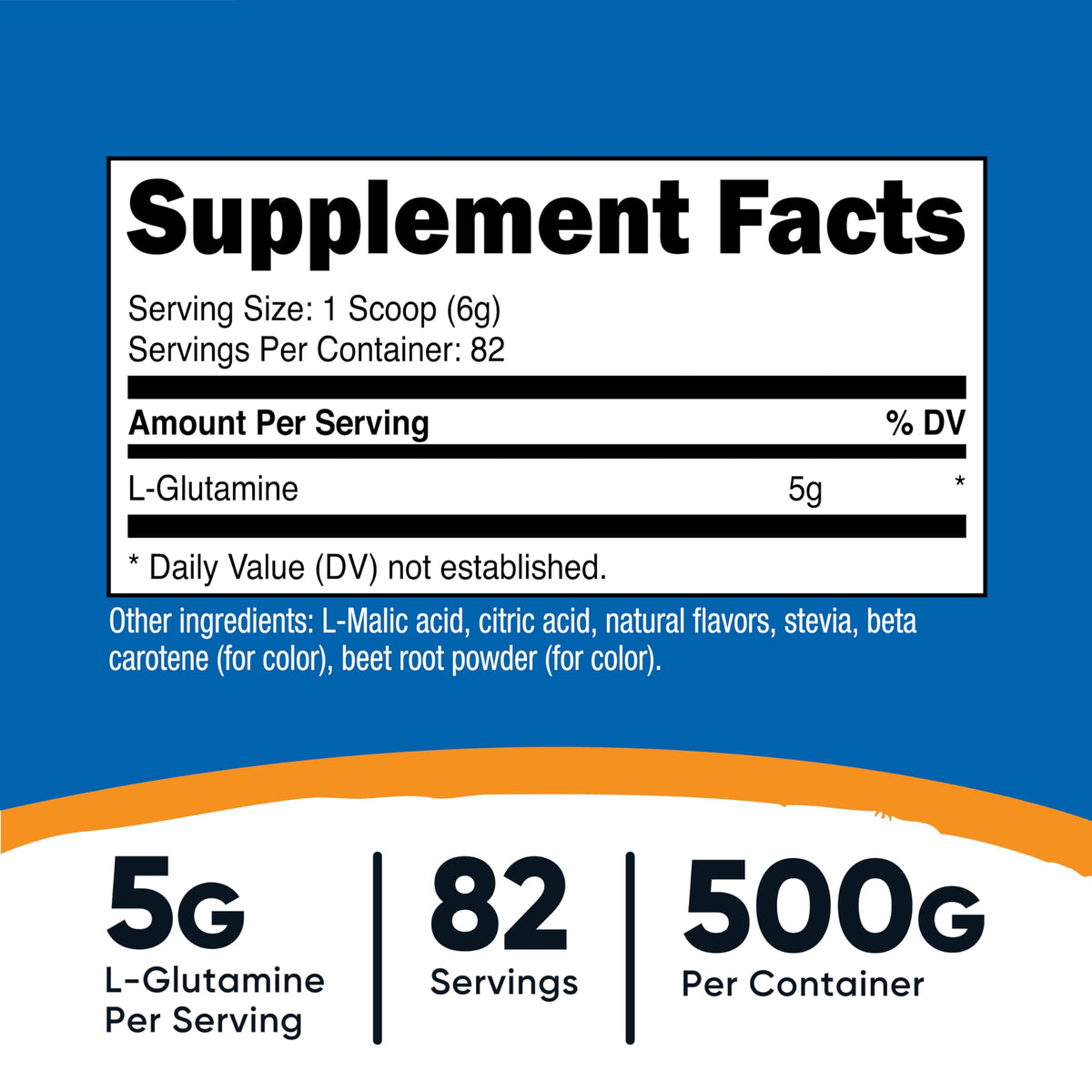 Nutricost L-Glutamine Poudre Pêche Mangue 500 g packaging