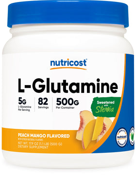 Nutricost L-Glutamine Poudre Pêche Mangue 500 g vue de face
