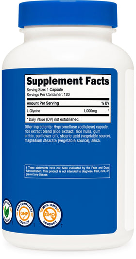 Nutricost L-Glycine 1000mg capsules avec bouteille ouverte