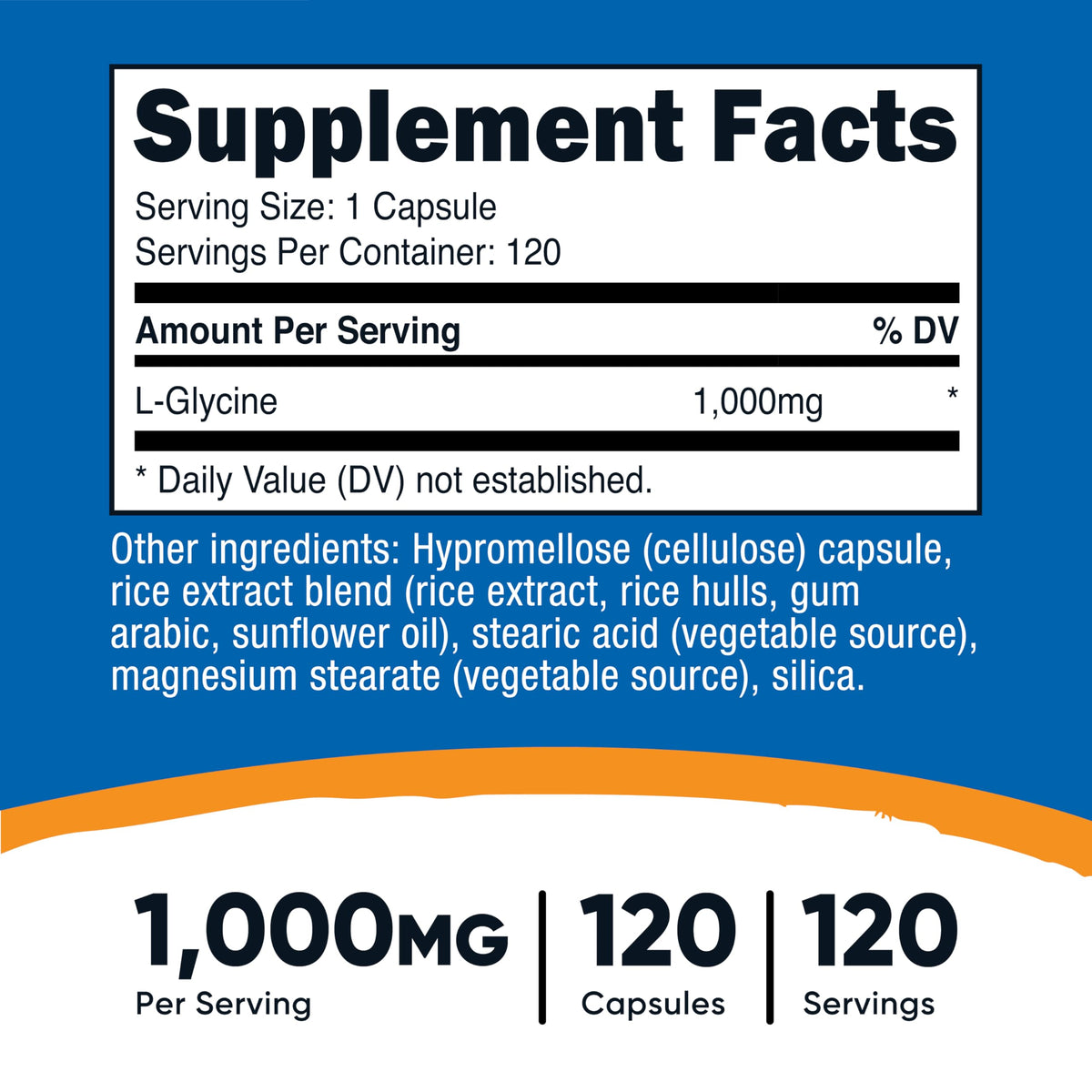 Nutricost L-Glycine 1000mg capsules montrant les détails du produit