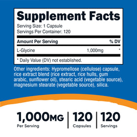 Nutricost L-Glycine 1000mg capsules montrant les détails du produit