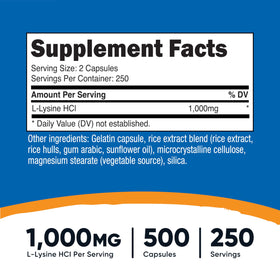Nutricost L-Lysine 1000mg capsules de 500mg sur une surface