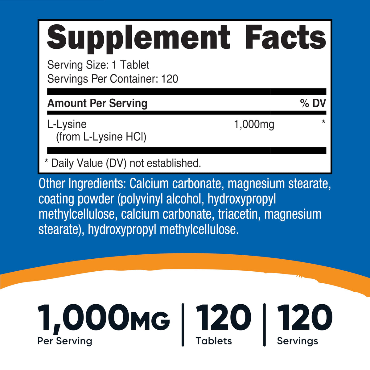 Nutricost L-Lysine 1000mg informations sur l'étiquette