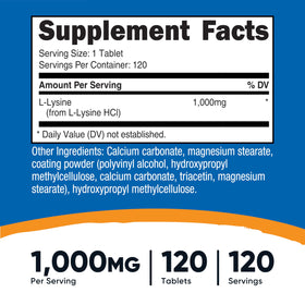 Nutricost L-Lysine 1000mg informations sur l'étiquette