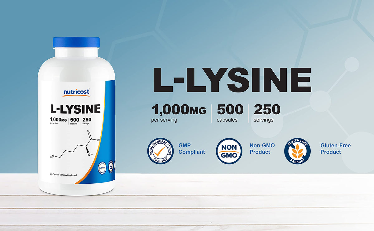 Nutricost L-Lysine 1000mg sur fond blanc avec mesure