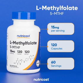 Nutricost L-Méthylfolate 15mg avec un verre d'eau