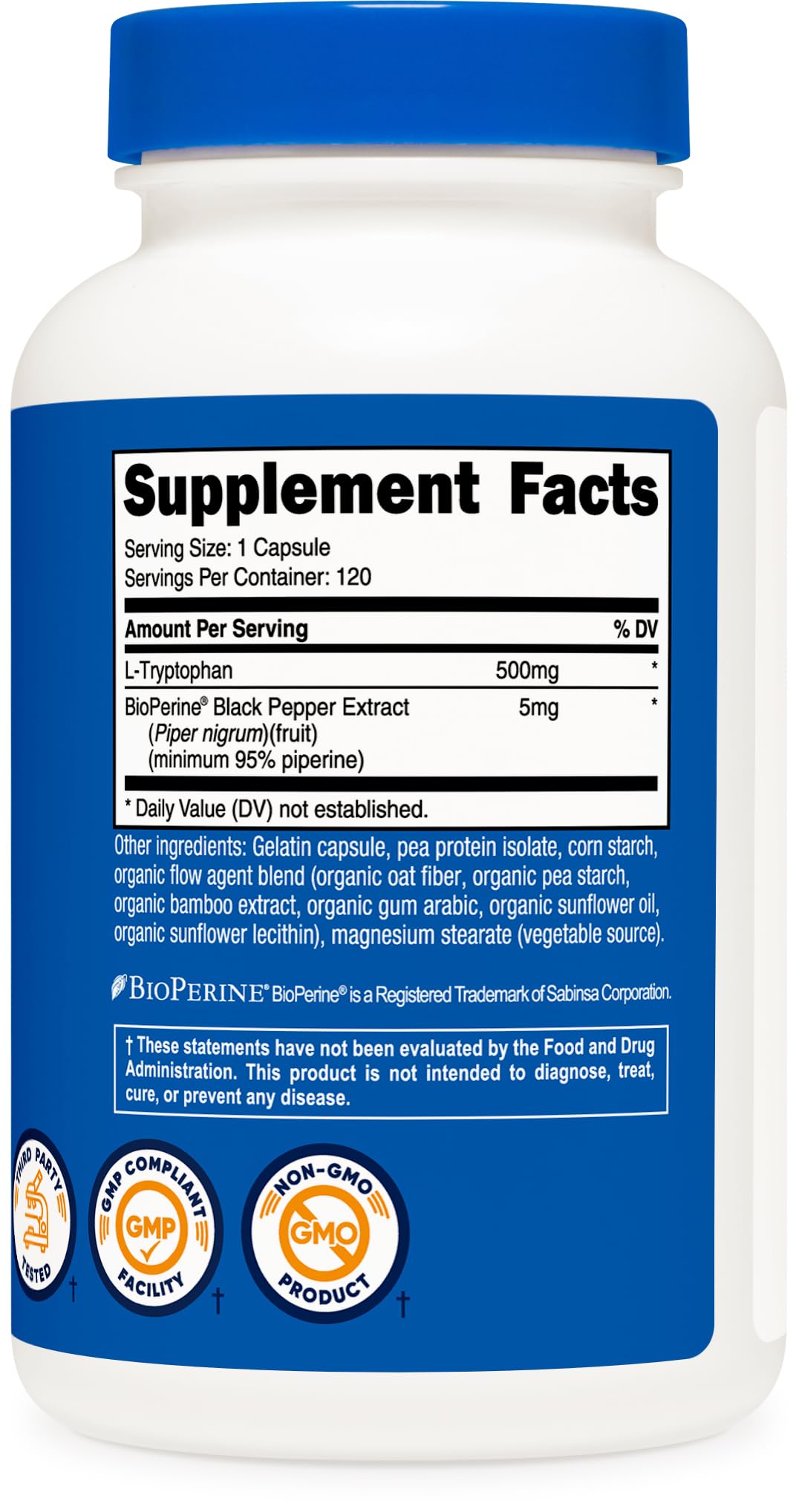 Nutricost L-Tryptophan 500mg avec étiquette visible