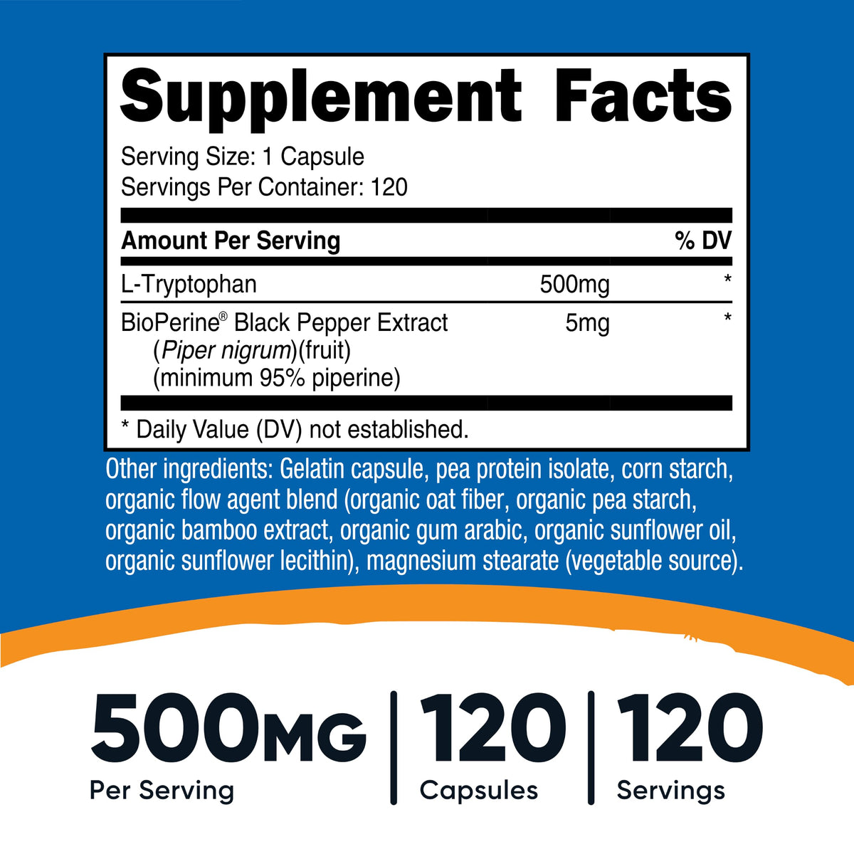 Nutricost L-Tryptophan 500mg capsules avec BioPerine sur une table