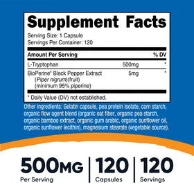 Nutricost L-Tryptophan 500mg capsules avec BioPerine sur une table