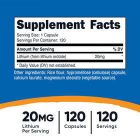 Nutricost Lithium Orotate 20mg capsules ouvertes sur table