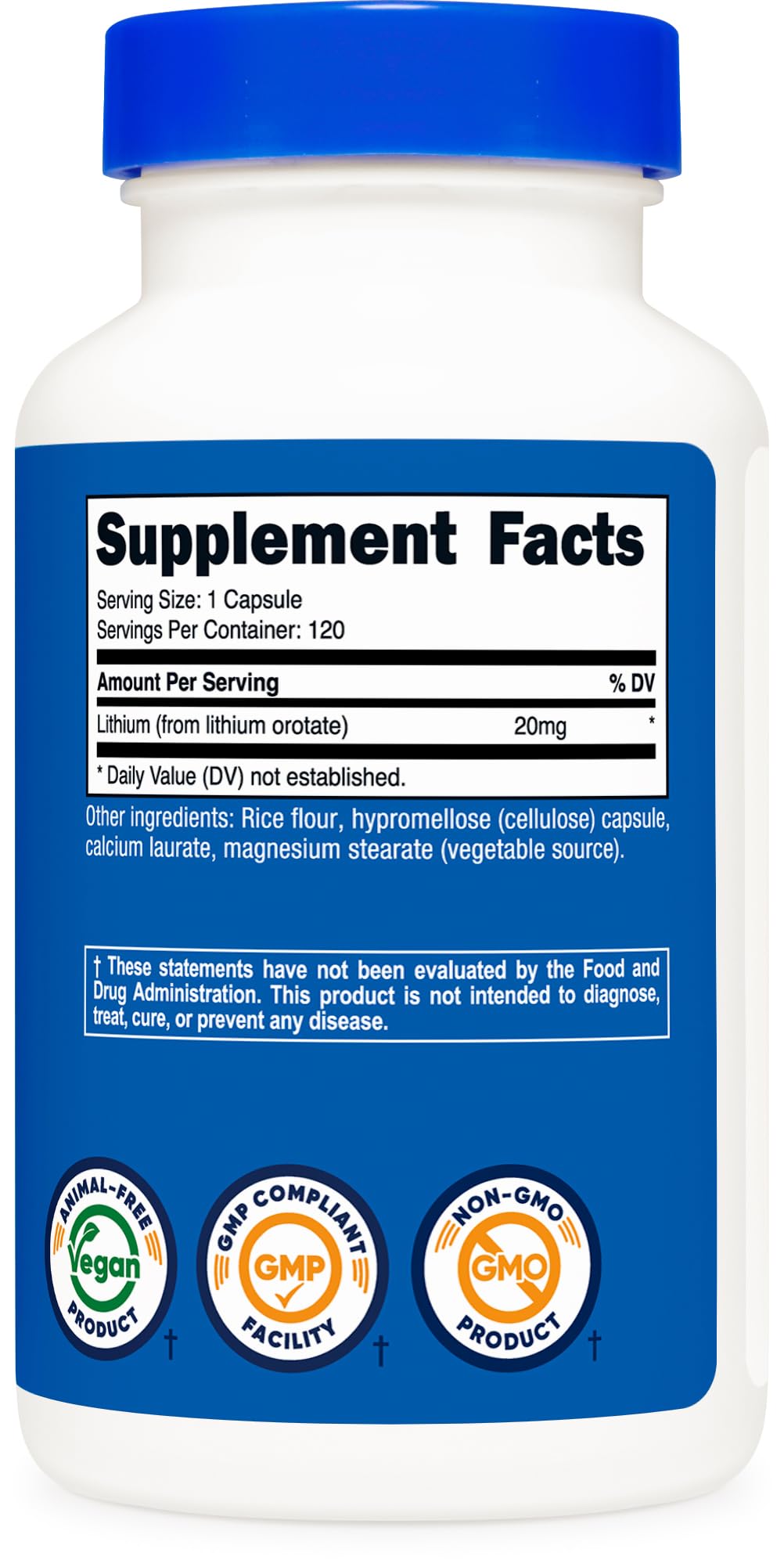 Nutricost Lithium Orotate 20mg capsules sur fond blanc