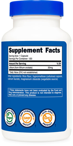 Nutricost Lithium Orotate 20mg capsules sur fond blanc