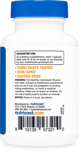 Nutricost Lumbrokinase, flacon ouvert avec capsules
