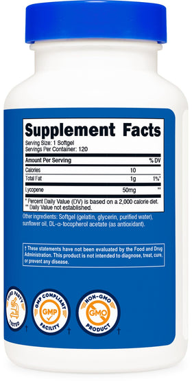 Nutricost Lycopène 50mg Softgels avec gélules sur fond blanc