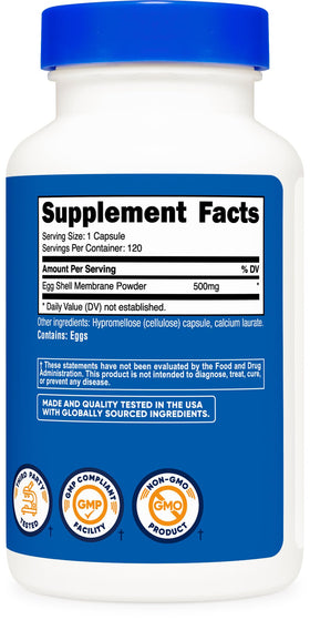 Nutricost Membrane de Coquille d'Œuf 500 mg 120 Capsules - Arrière du flacon
