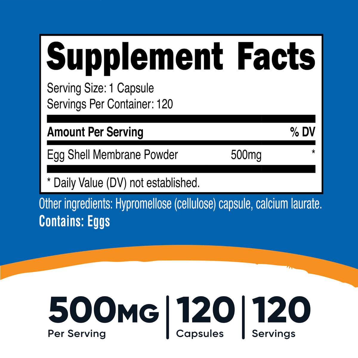 Nutricost Membrane de Coquille d'Œuf 500 mg 120 Capsules - Détails des capsules