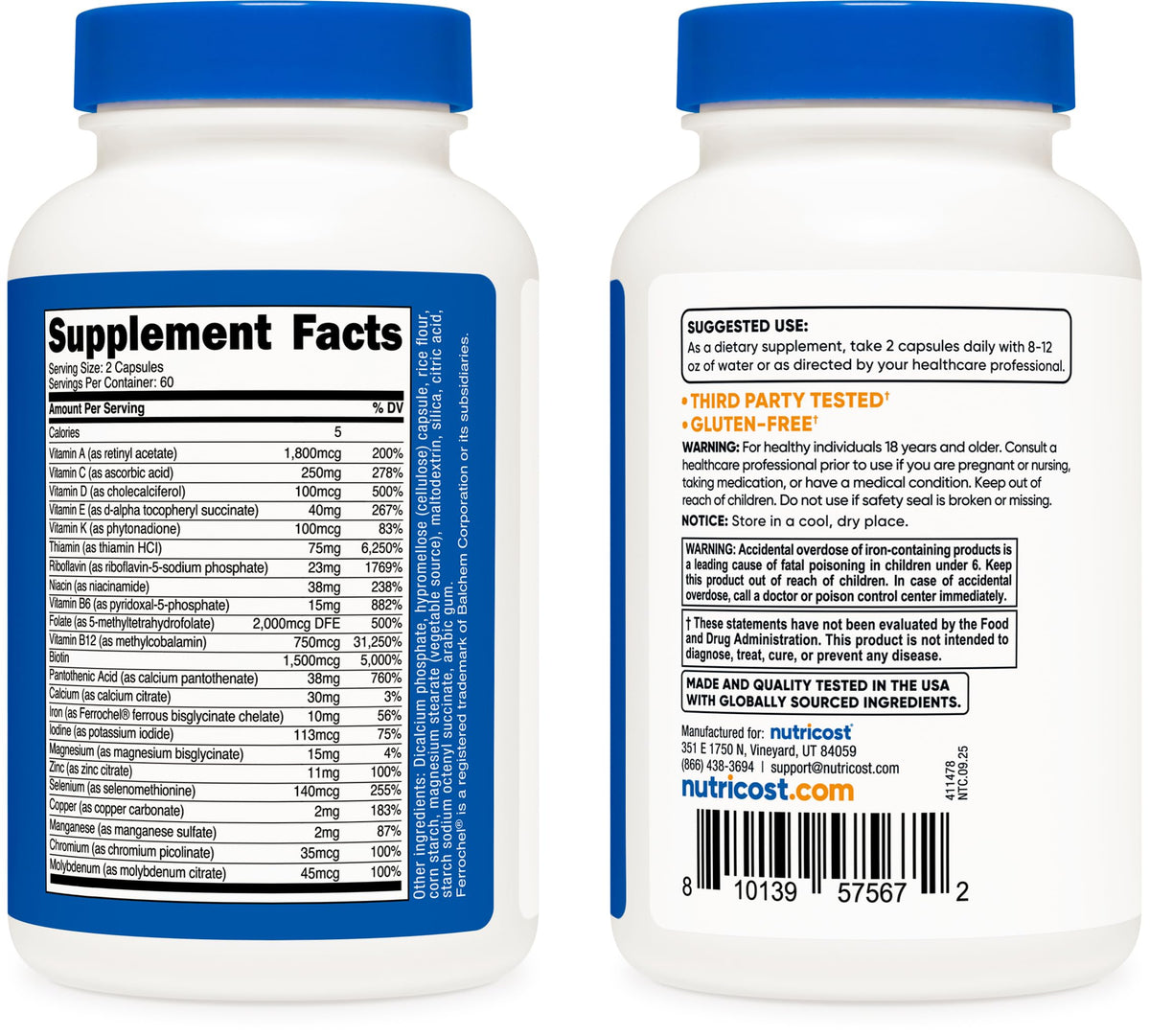 Nutricost Multivitamine Méthylée 120 capsules vue de côté