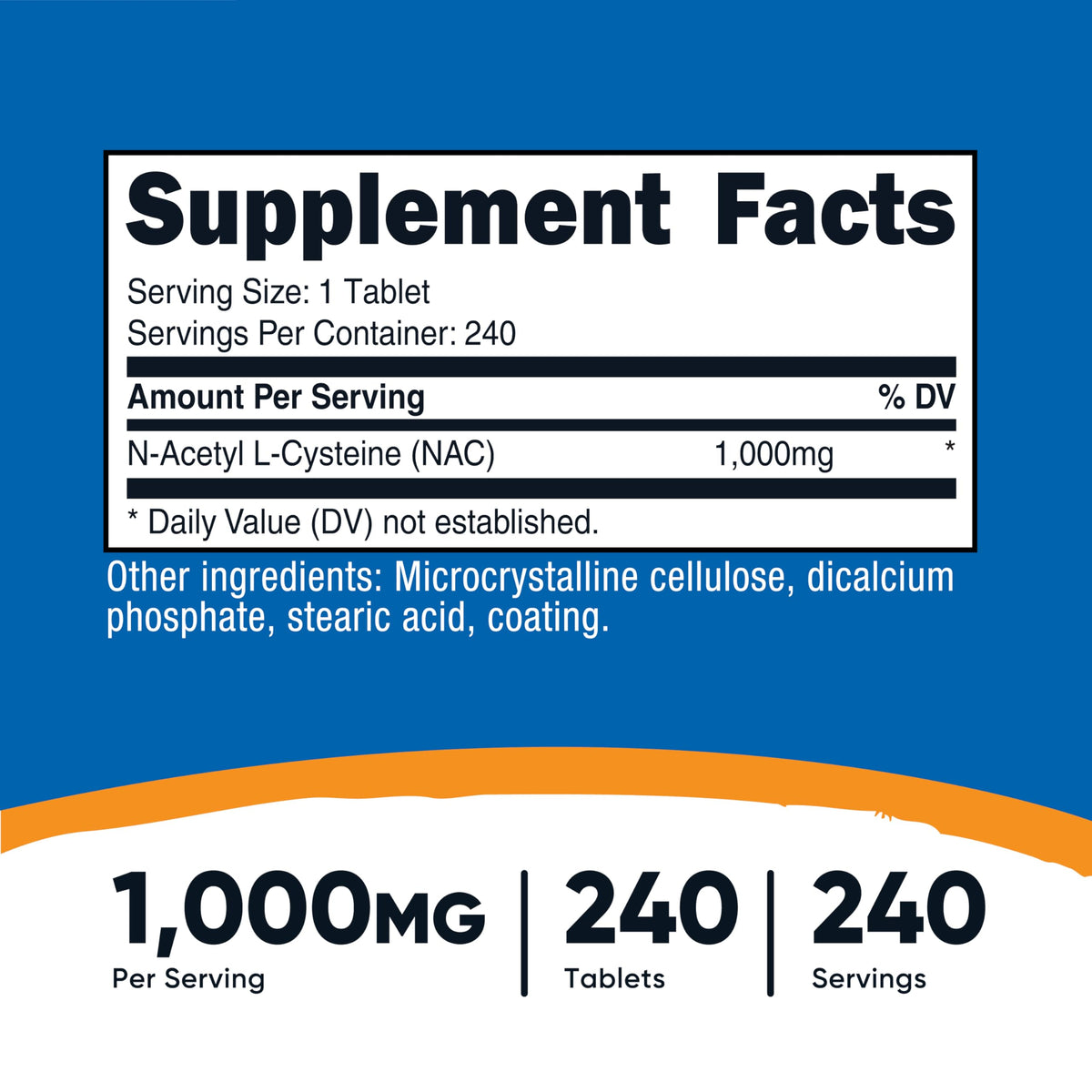 Nutricost N-Acetyl L-Cysteine 1000mg 240 comprimés, emballage et étiquetage